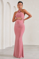 Blush Pink Halter-Neck Maternity Maxi Dress With Flower Corsage